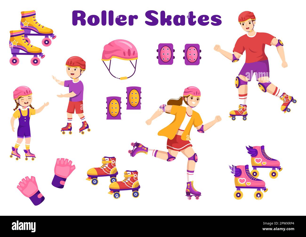 Kids Riding Roller Skates in City Park for Outdoors Activity, Sport