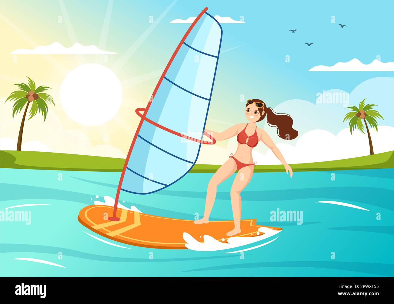 Windsurfing with the Person Standing on the Sailing Boat and Holding the  Sail in Extreme Water Sport Flat Cartoon Hand Drawn Templates Illustration  Stock Photo - Alamy, image size:1300x1004