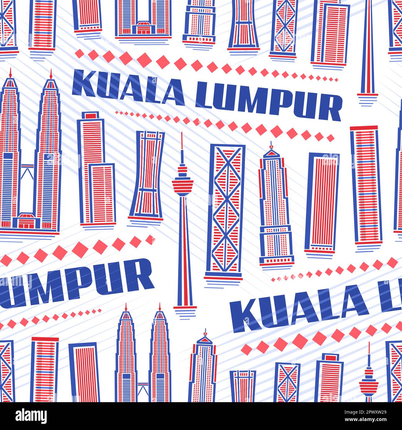 Vector Kuala Lumpur Seamless Pattern, repeating background with illustration of modern city scape on white background for wrapping paper, decorative l Stock Vector