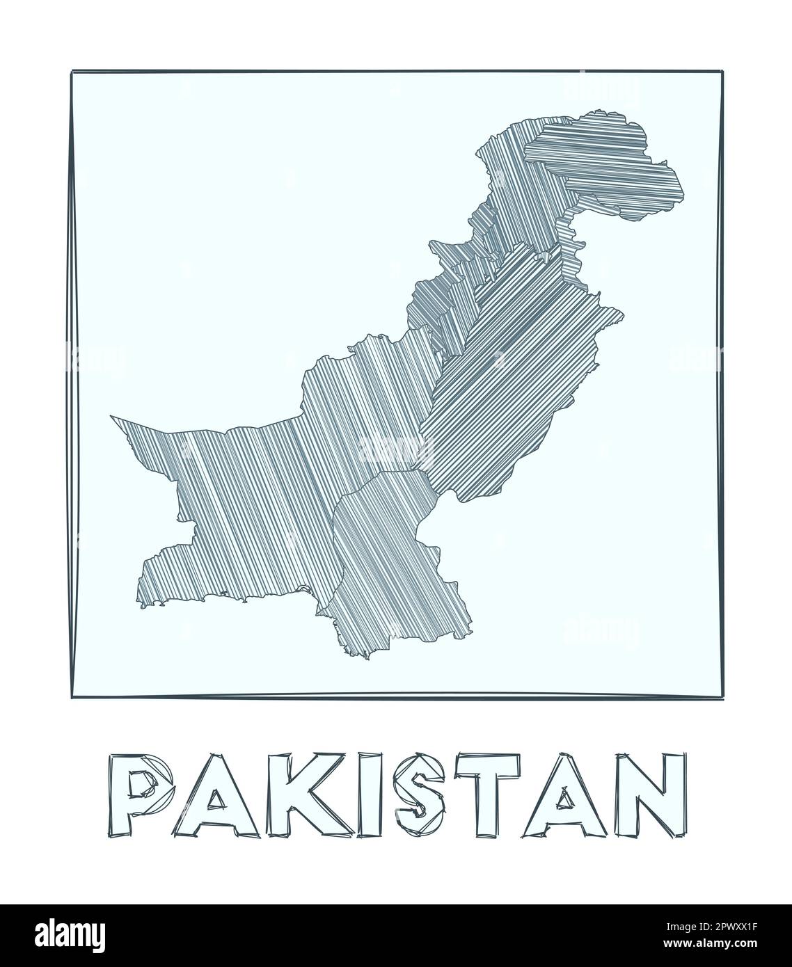 Sketch map of Pakistan. Grayscale hand drawn map of the country. Filled ...
