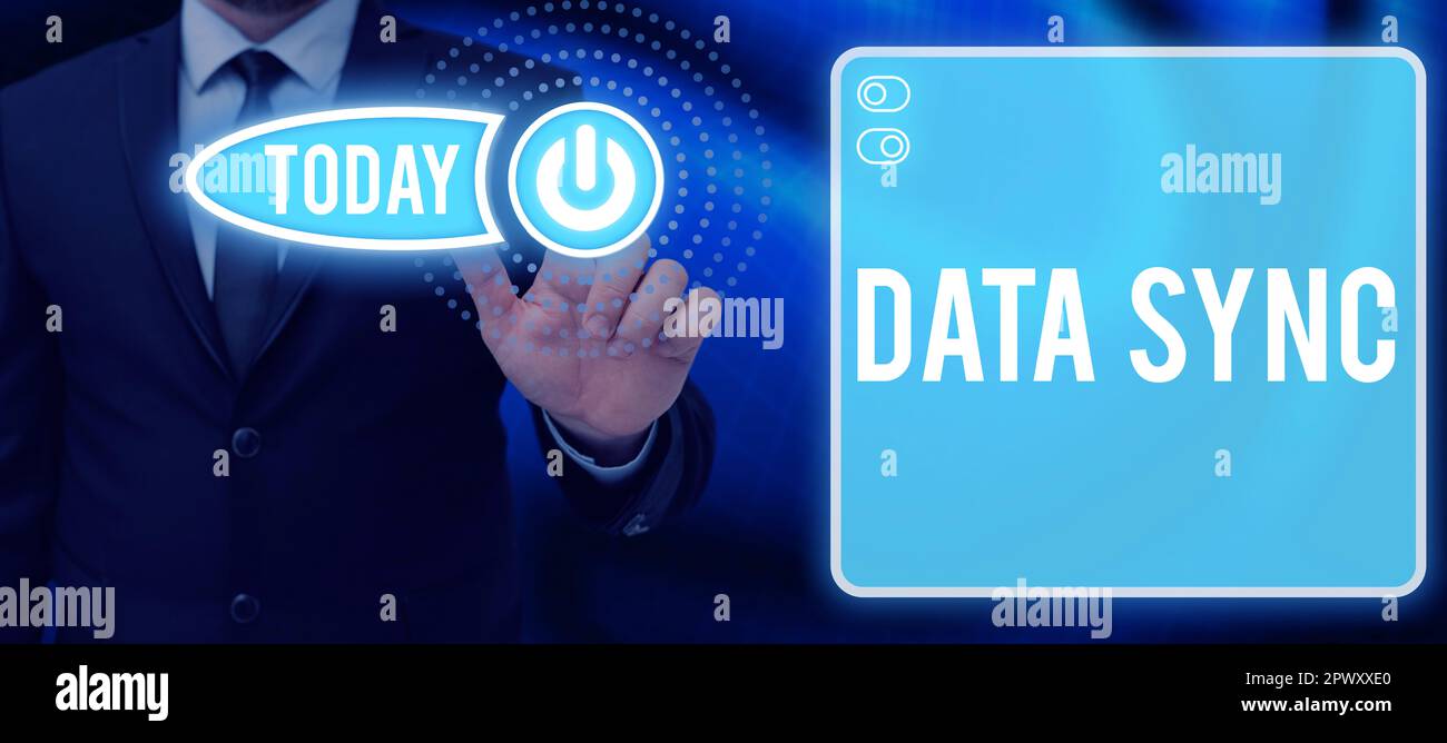 Conceptual display Data Sync, Word for data that is continuously generated by different sources Stock Photo