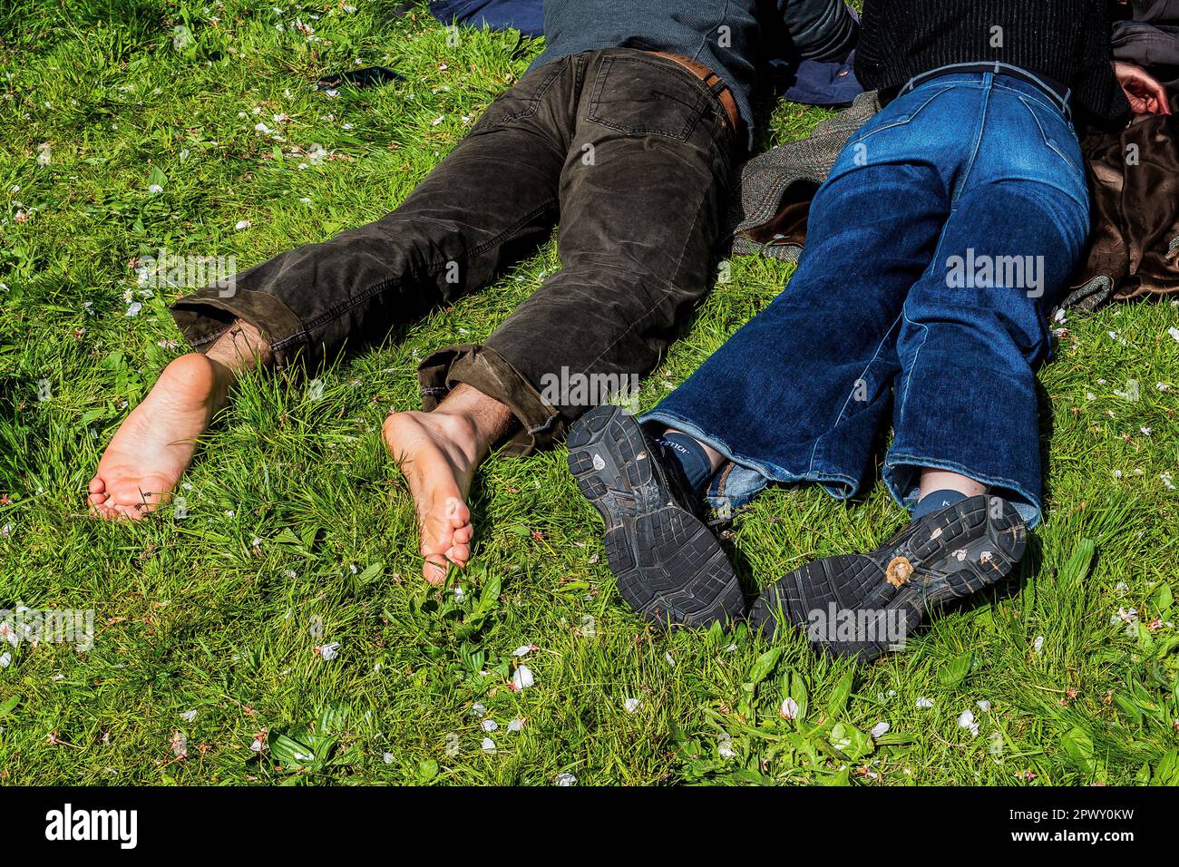 Young couple's feet, man barefoot, girl with shoes. Lying on the grass in Springtime. Concept relationship, relaxing, company, love Stock Photo