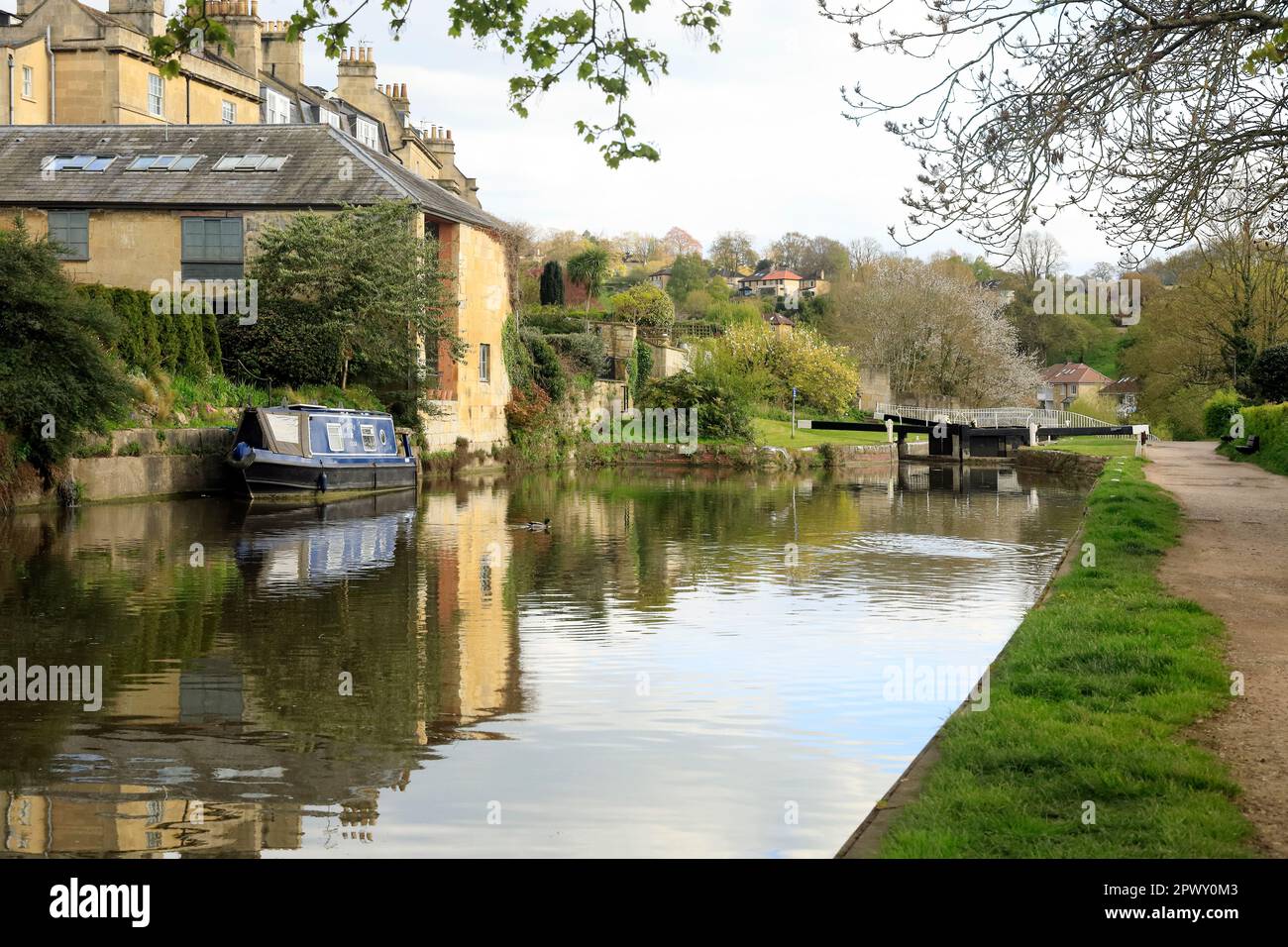 The Kennet and Avon Canal at Bath with moored narrow boats. Taken April 2023 Stock Photo