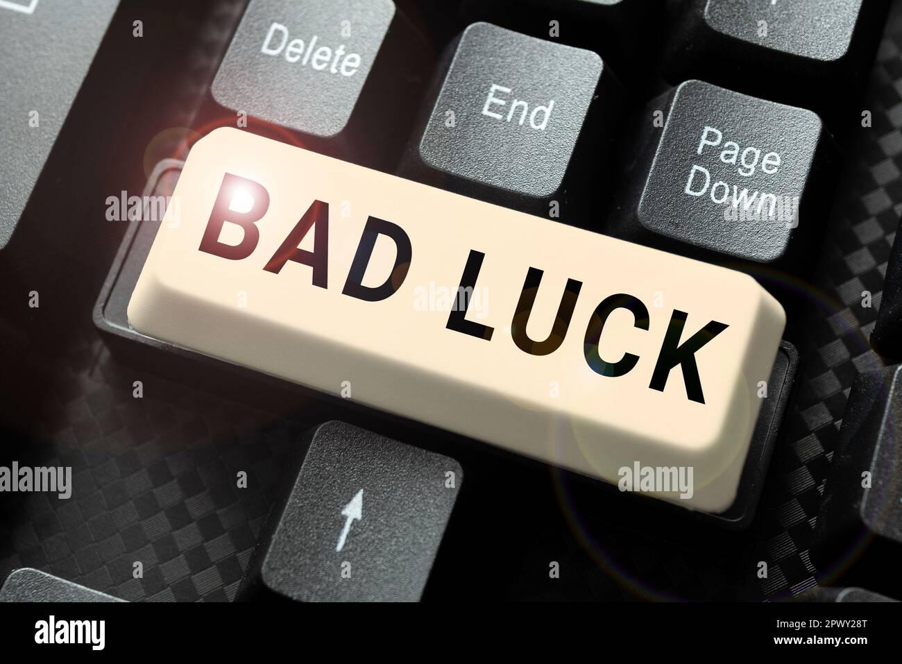 Hand writing sign Bad Luck, Word Written on an unfortunate state resulting from unfavorable outcomes Mischance Stock Photo