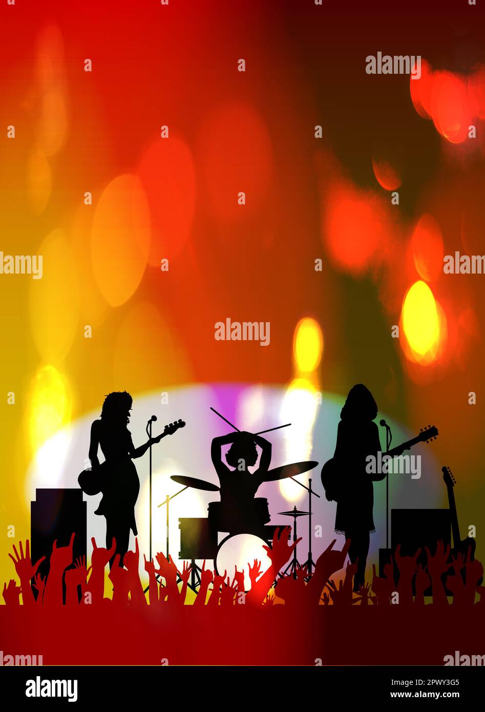 Silhouette of a girl rock band with equipment on stage with color
