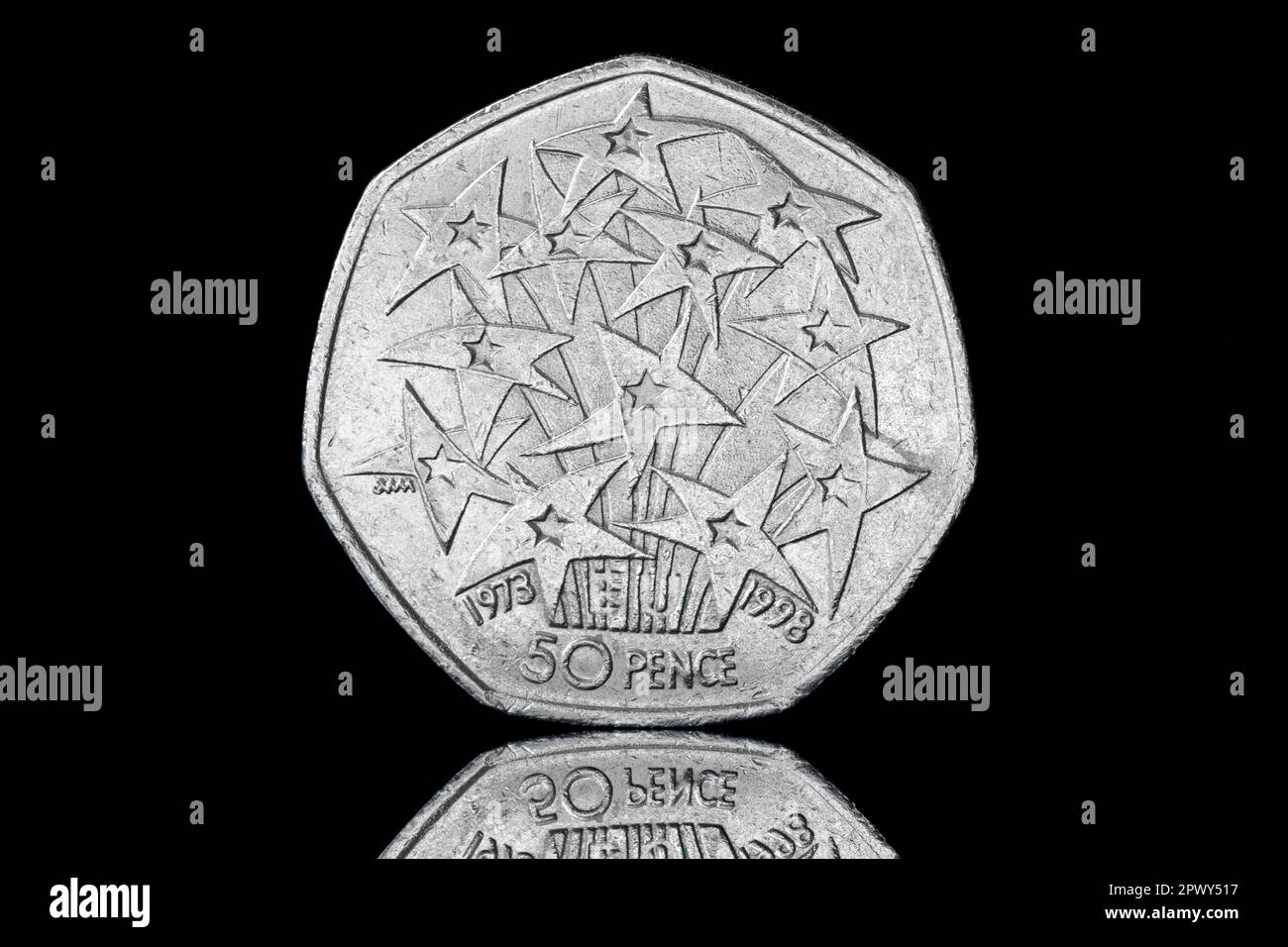 The first 'new sized' commemorative 50p was issued in 1998 to commemorate 25 years of the UK in the EEC Stock Photo