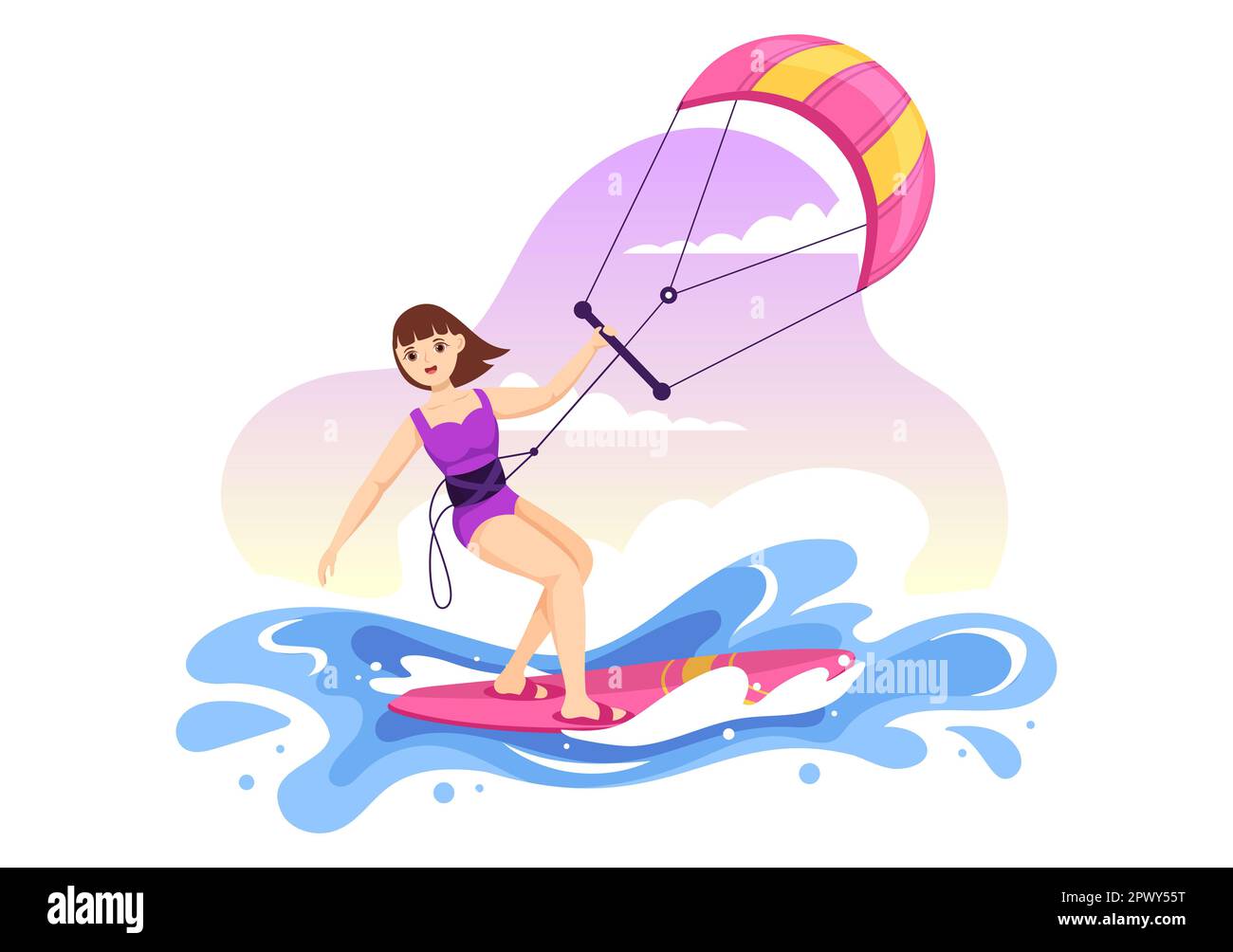 Kitesurfing Illustration with Kite Surfer Standing on Kiteboard in the Summer Sea in Extreme
