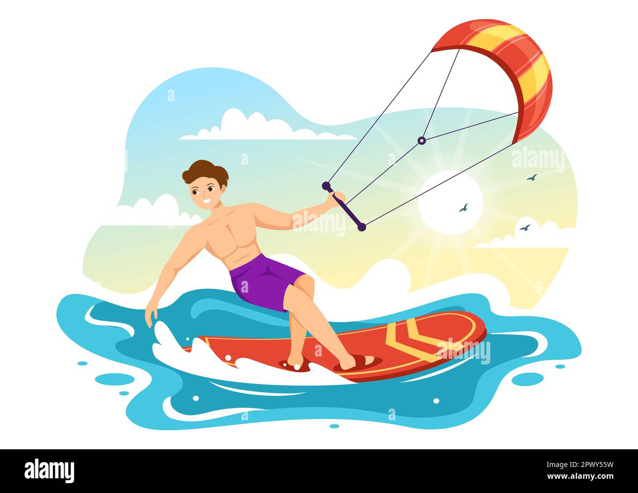 Kitesurfing Illustration with Kite Surfer Standing on Kiteboard in the