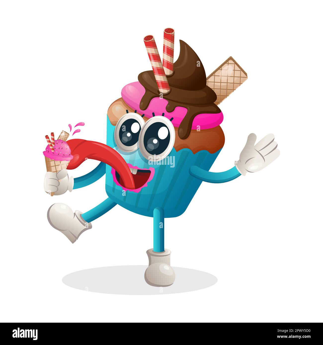 Cute cupcake mascot eat ice cream, ice cream cone. Perfect for food