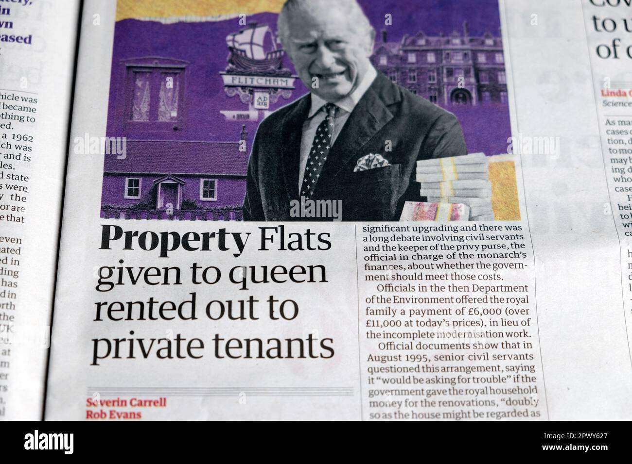 'Property Flats given to queen rented out to private tenants' Guardian newspaper headline King Charles III finances article April 2023 London UK Stock Photo