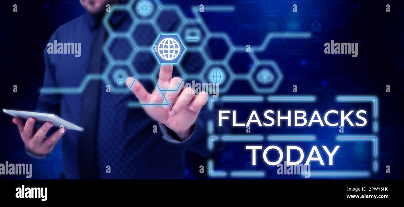 Text caption presenting Flashbacks, Conceptual photo interruption of ...