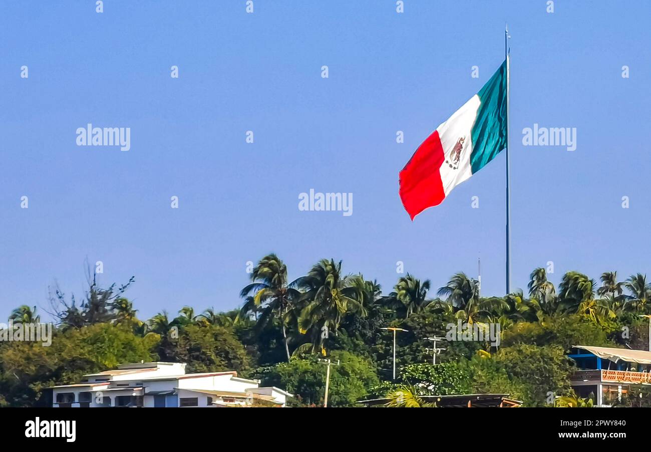 Mexican green white red flag with palm trees and blue sky and clouds in