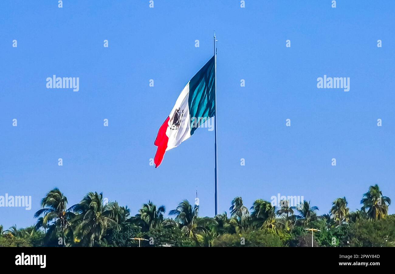 Mexican green white red flag with palm trees and blue sky and clouds in