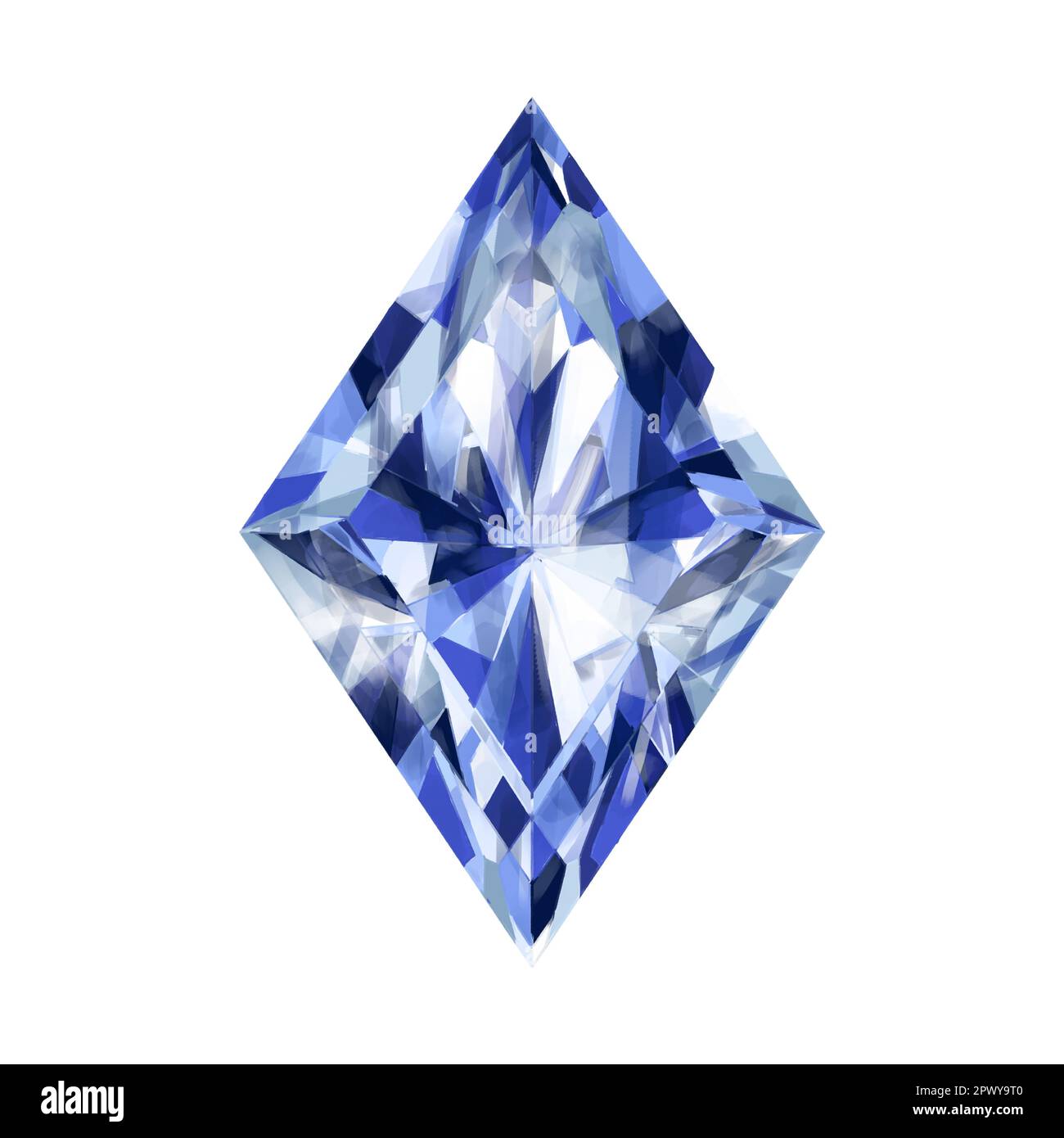 Luminous transparent blue diamond-cut sapphire with bright highlights. Natural gemstone, vintage decoration. Digital illustration on a white backgroun Stock Photo