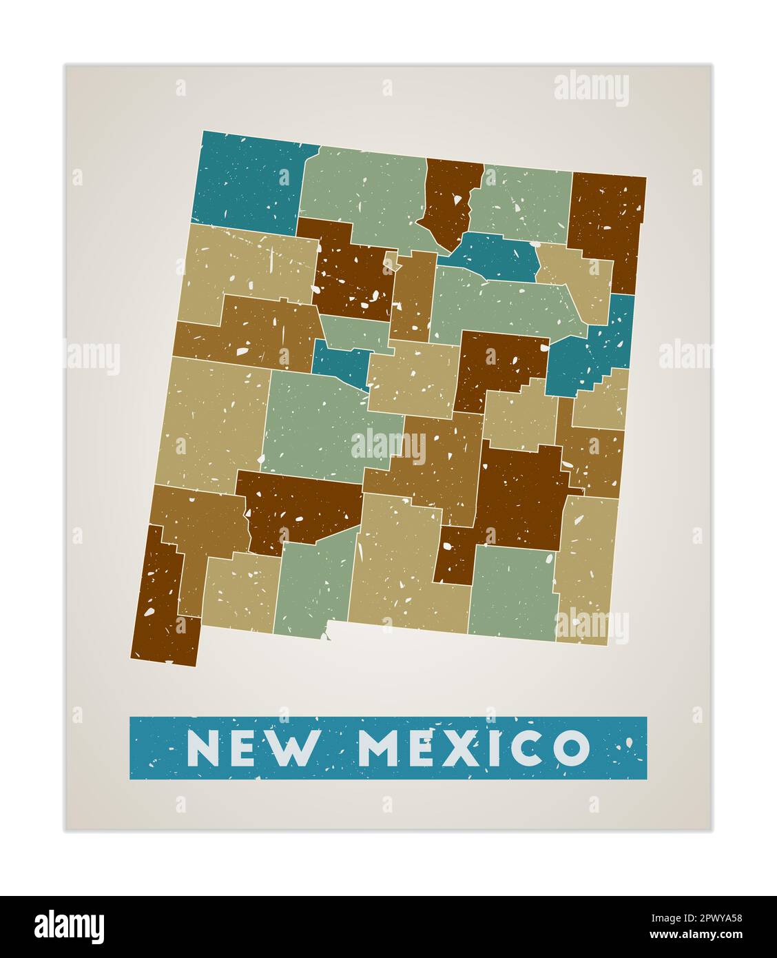 New Mexico map. Us state poster with regions. Old grunge texture. Shape