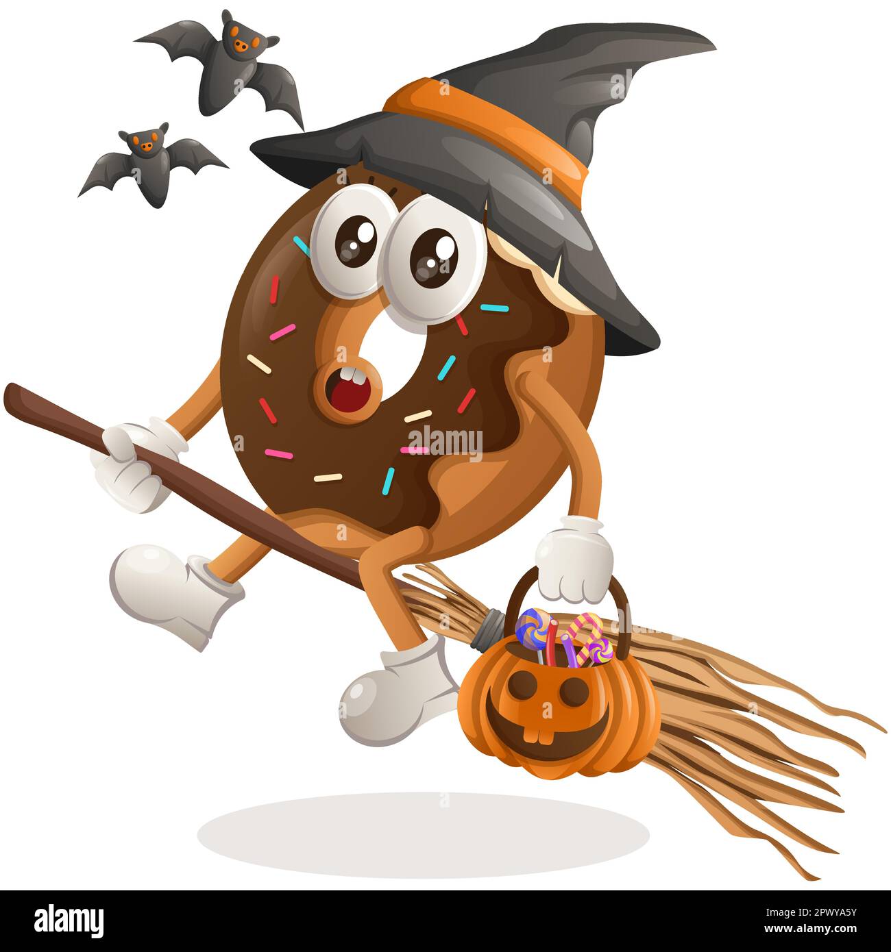 Cute donut mascot witch with holding halloween pumpkin with candy on it. Perfect for food store, small business or e-Commerce, merchandise and sticker Stock Vector