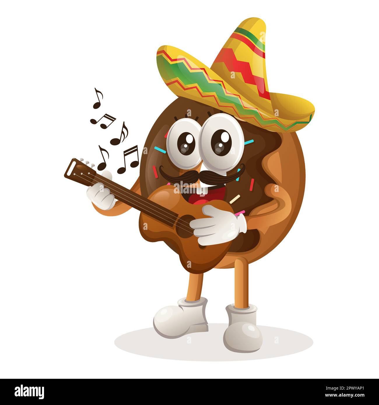 Cute donut mascot wearing mexican hat with playing guitar. Perfect for food store, small business or e-Commerce, merchandise and sticker, banner promo Stock Vector