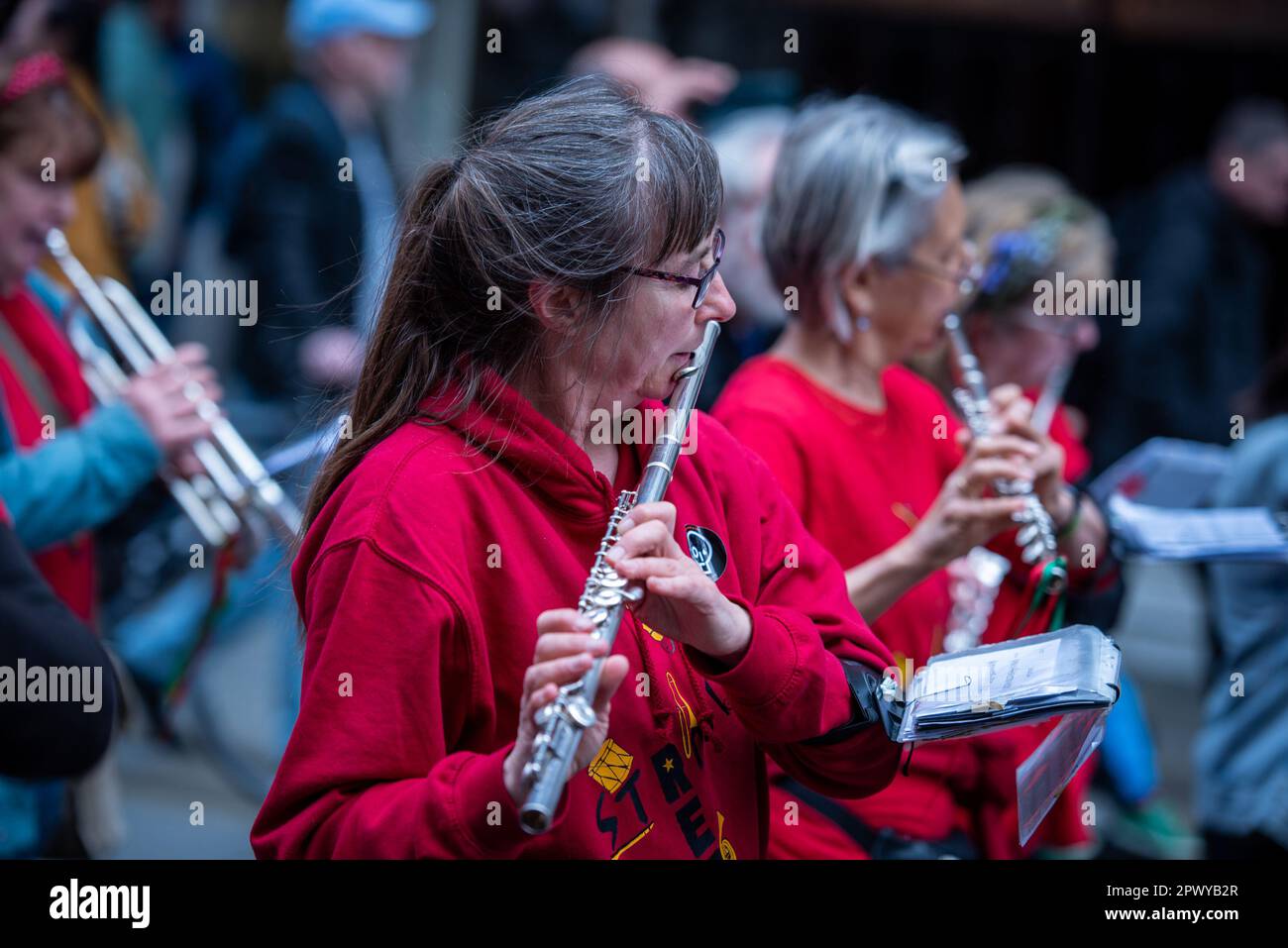 London, UK. 01st May, 2023. A marching band performs during the London May Day Rally and March. London May Day Organising Committee fight for proper pay and working conditions, save jobs and services and scrap anti-union laws. Credit: SOPA Images Limited/Alamy Live News Stock Photo