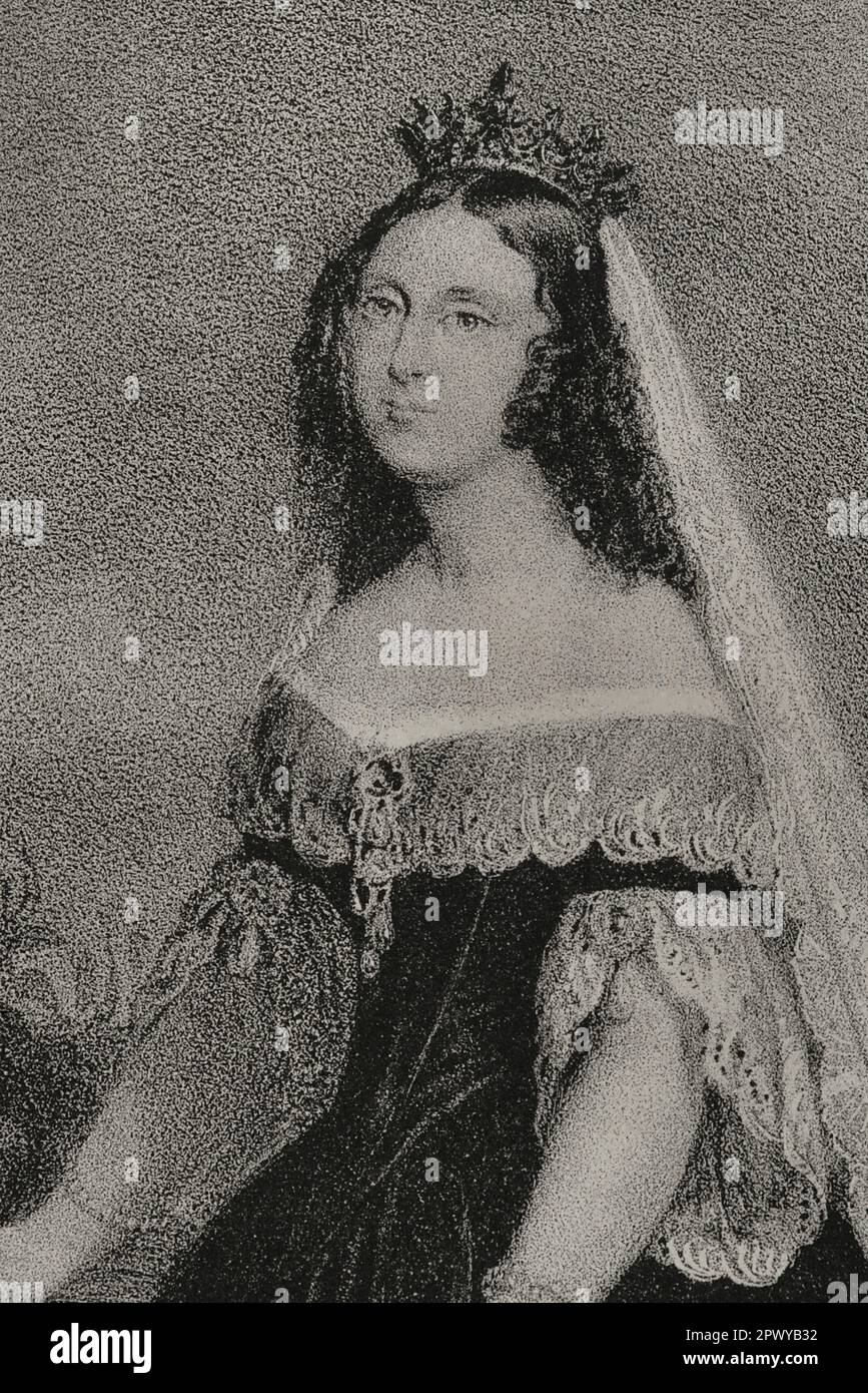 Sophie of Württemberg (1818-1877). Queen of the Netherlands (1849-1877) and Grand Duchess of Luxembourg. First wife of King William III of the Netherlands. Portrait. Drawing by A. Cortés y Vallejo. Lithography by J.J. Martinez. Detail. Reyes Contemporáneos. Volume I. Published in Madrid, 1855. Stock Photo