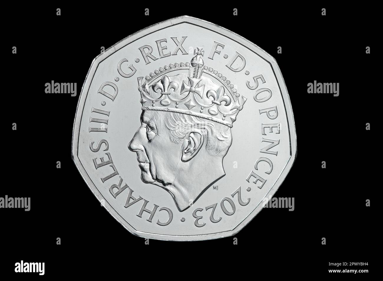 2023 50 pence coin featuring King Charles III wearing a crown for his