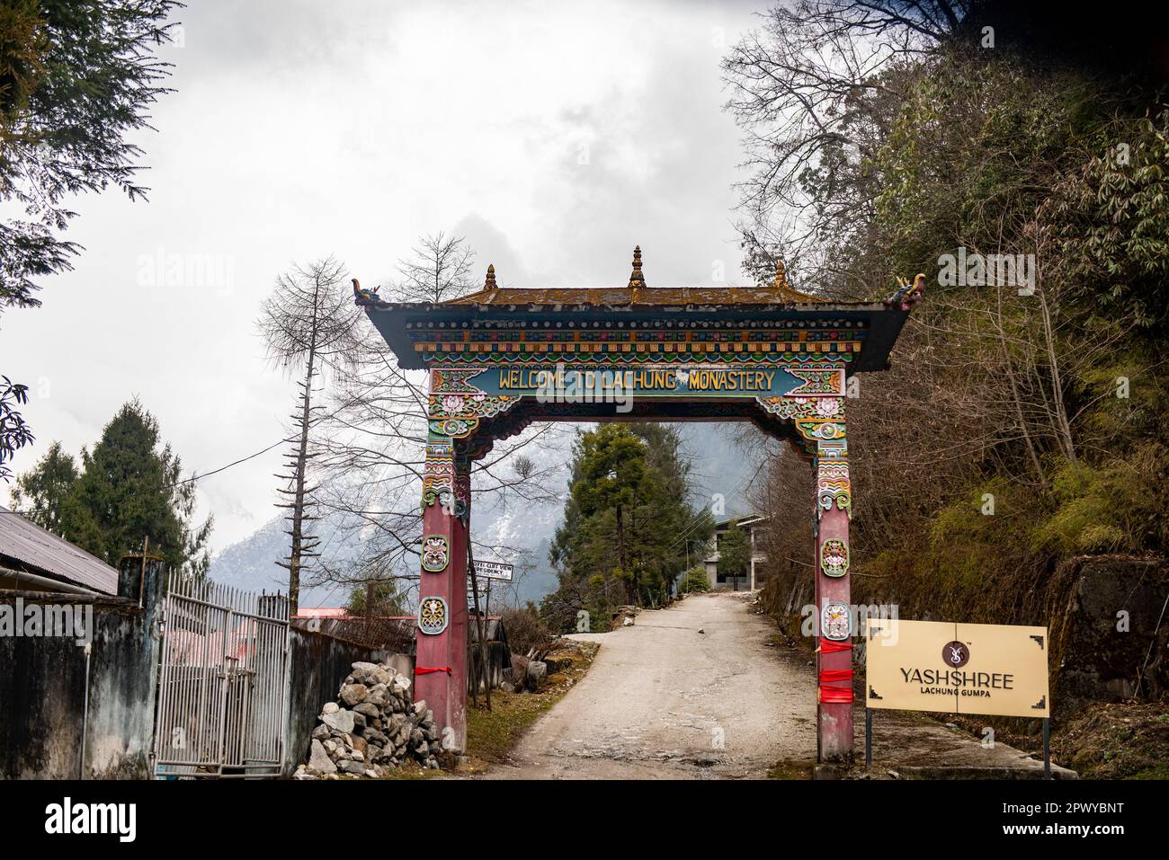 Lachung is a town and hill station in northeast Sikkim, India. It is located in the North Sikkim district near the border with Tibet. Stock Photo