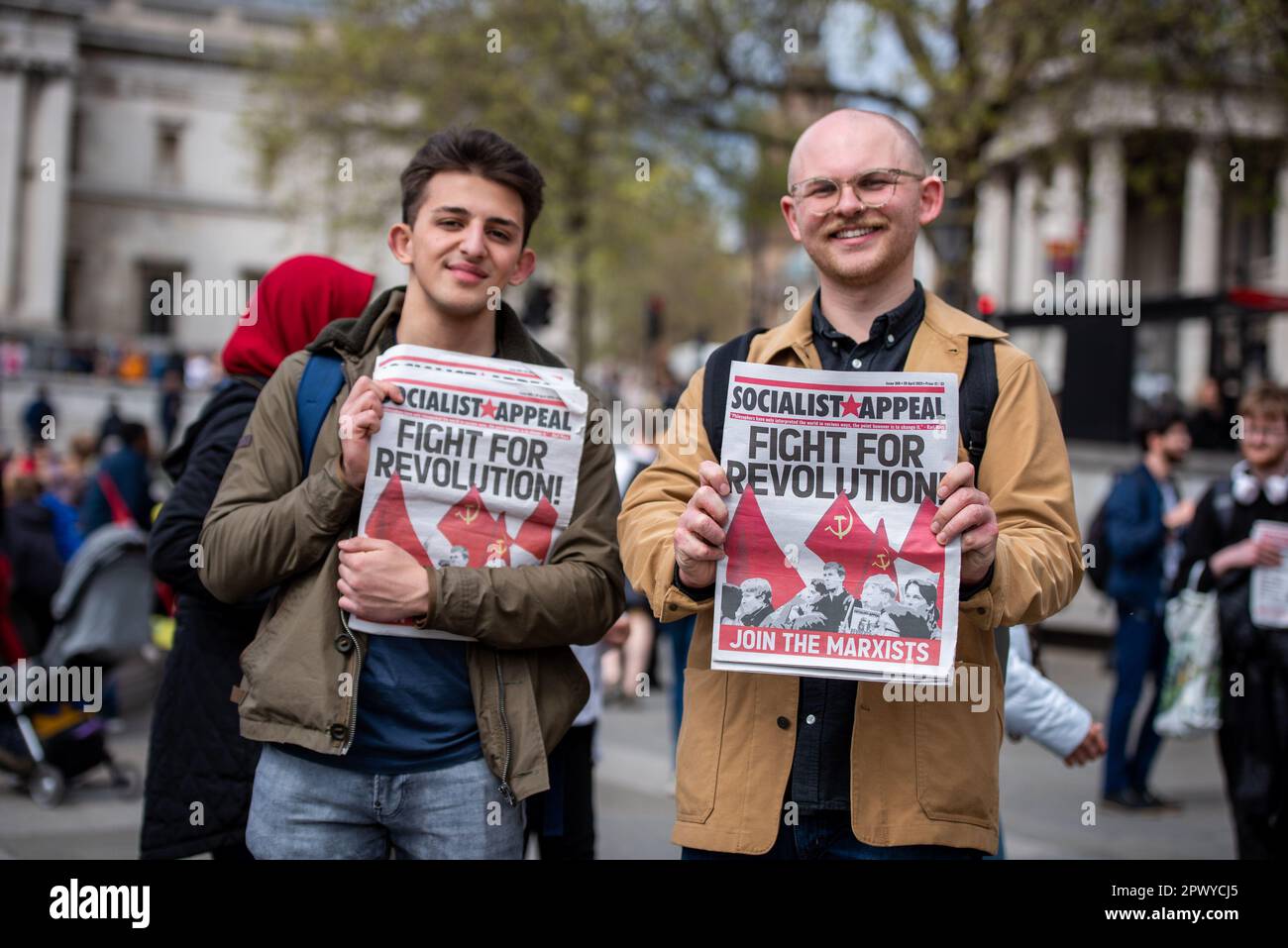 London, UK. 01st May, 2023. Activists hold newspapers during the London May Day Rally and March London May Day Organising Committee fight for proper pay and working conditions, save jobs and services and scrap anti-union laws. (Photo by Loredana Sangiuliano/SOPA Images/Sipa USA) Credit: Sipa USA/Alamy Live News Stock Photo