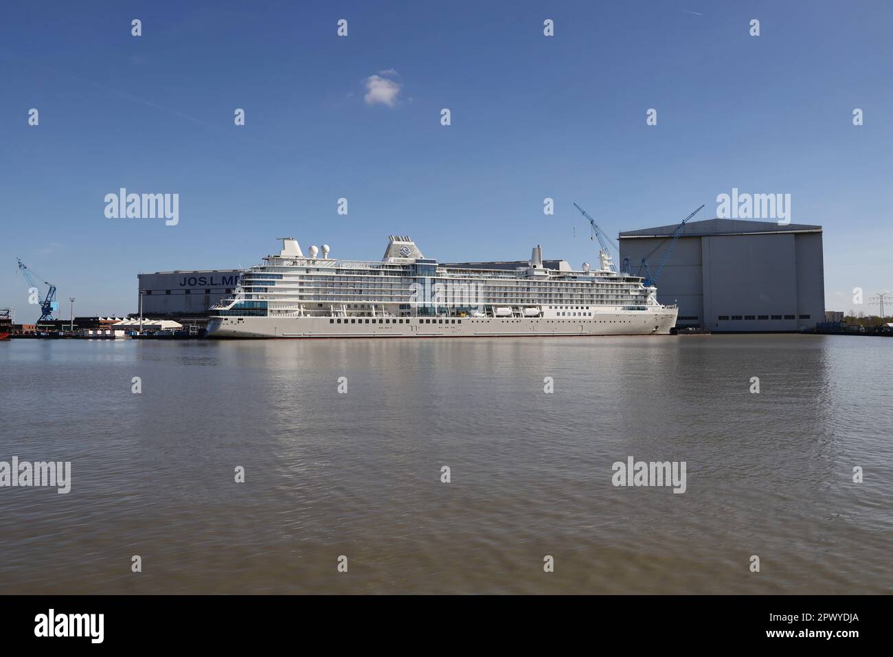 The cruise ship Silver Nova is moored in front of the Meyer shipyard in Papenburg on April 30, 2023. Stock Photo