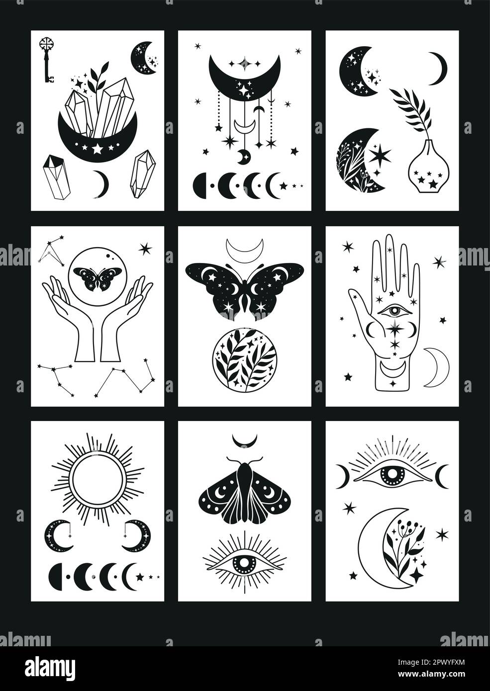 Banner set Mystical moon phases set icons and woman hands and moth ...