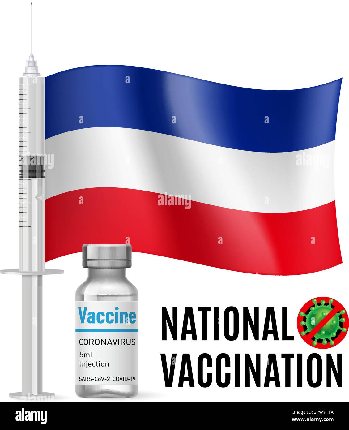 Flag of Yugoslavia with Vaccine Immunization Syringe and the Vial of Antibiotic for Vaccination. Concept of Health Care and National Vaccination with Stock Vector