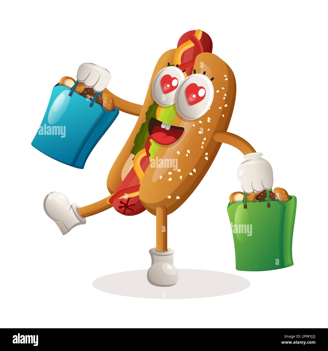 Cute hotdog mascot happy shopping. Perfect for food store, small