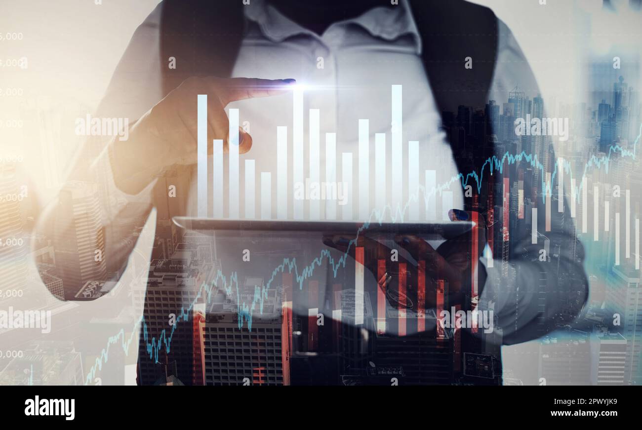 Tablet, overlay or hands trading on stock market chart for financial investment increase or