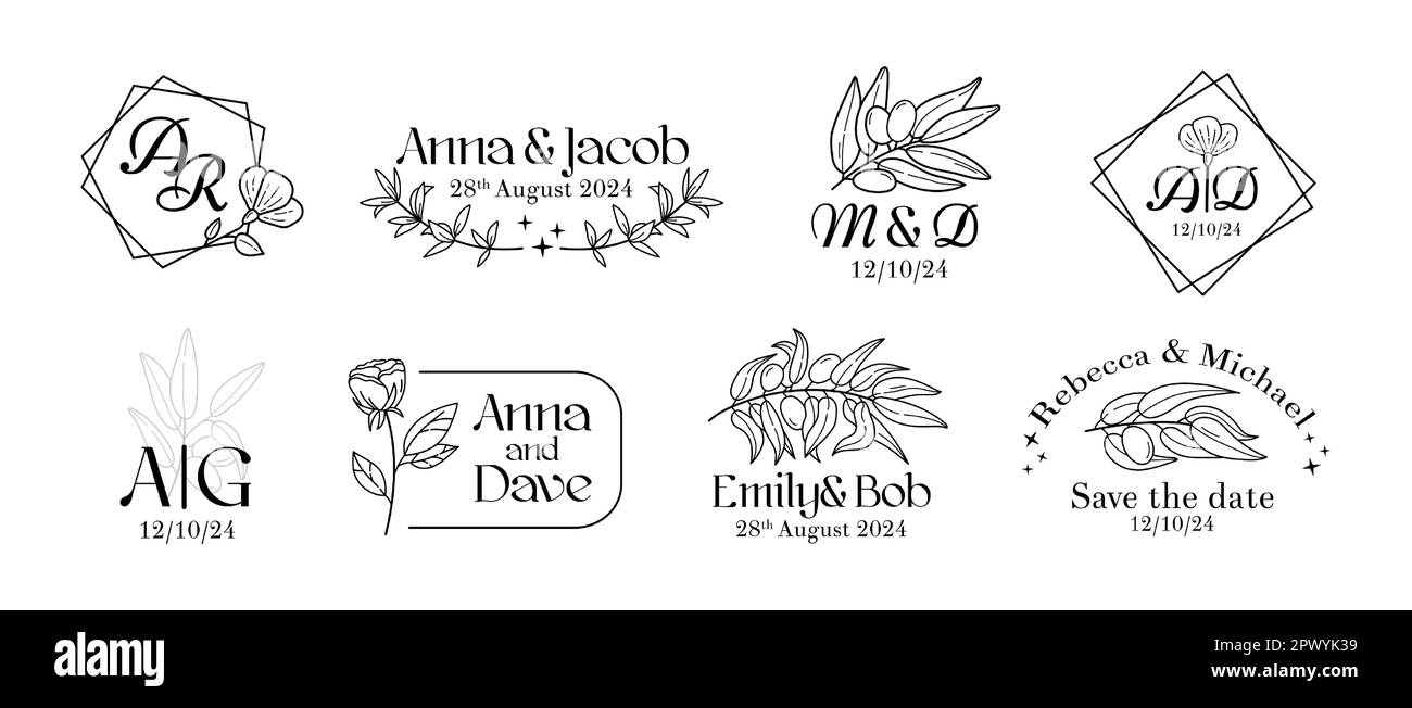 Wedding logo, flower monogram, leaves wreath for boho rustic style invitation, event name card, fancy boutique. Simple logotype templates. Botanical i Stock Vector