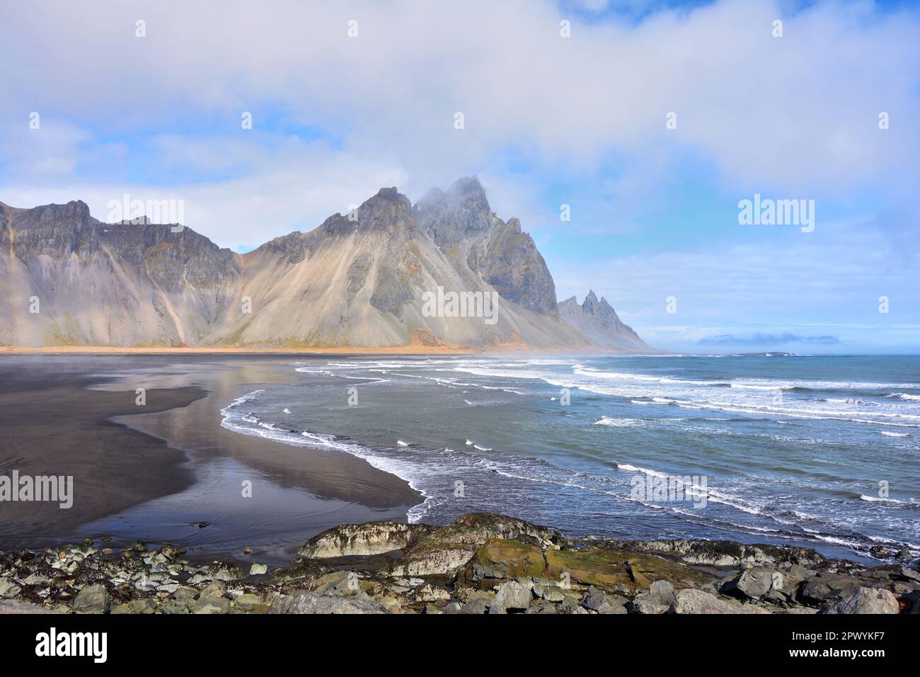 Vestrahorn Mountain And Black Sand Beach Stokksnes Iceland Stock Vestrahorn Mountain And Black Sand Beach Stokksnes Iceland Stock