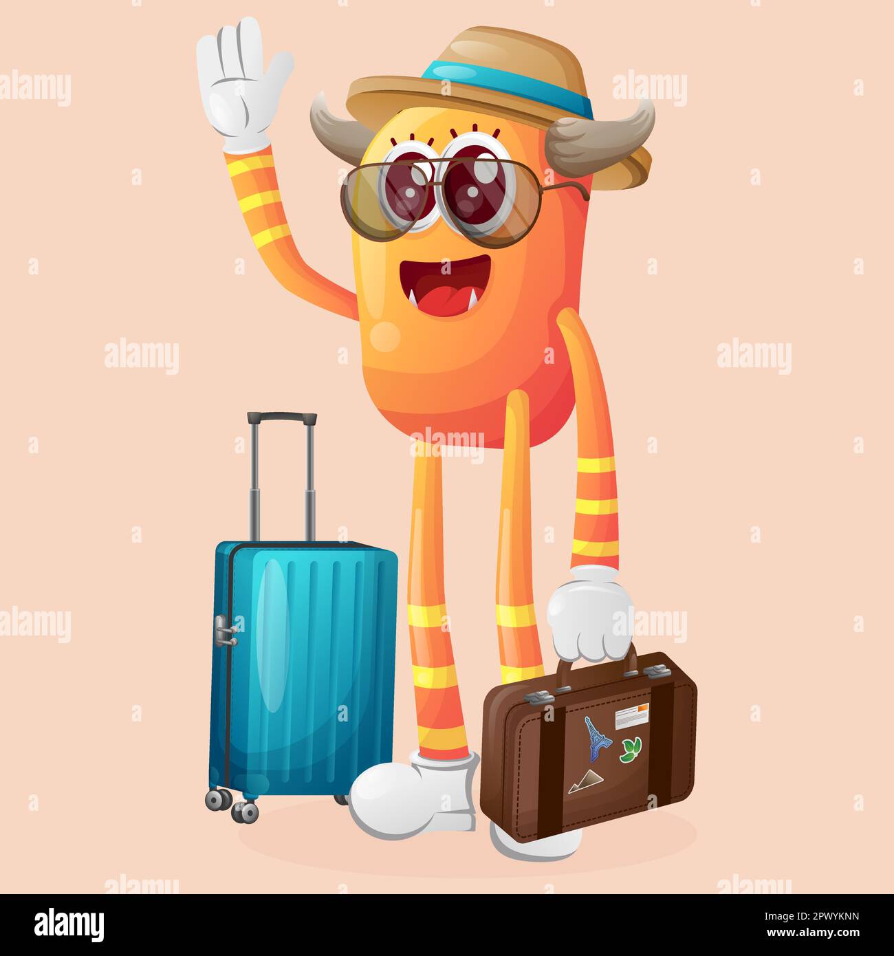 Cute orange monster on vacation carrying a suitcase. Perfect for kids, small business or e-Commerce, merchandise and sticker, banner promotion, blog o Stock Vector