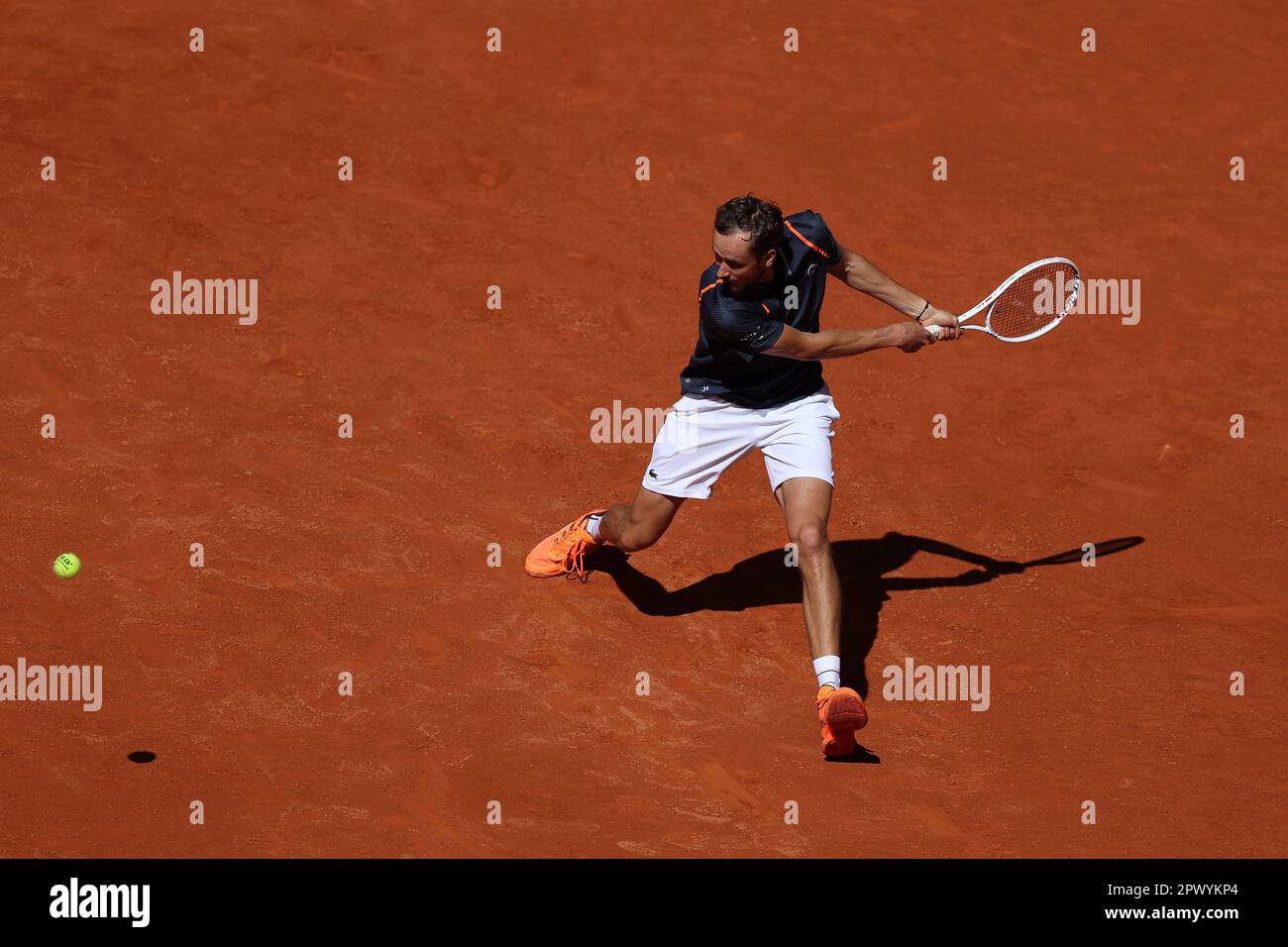 Daniil Medvedev (Rus) in action against Alexander Sevchenko (Rus) during the Mutua Madrid Open 2023, Masters 1000 tennis tournament on May 1, 2023 at Caja Magica in Madrid, Spain - Photo: Antoine Couvercelle/DPPI/LiveMedia Stock Photo