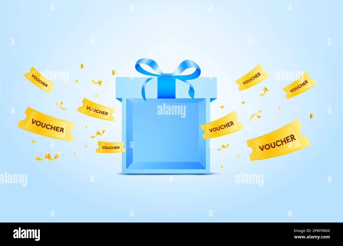 Gift box is opening. Many vouchers, coupons are flying. Consumer reward, client discount concept