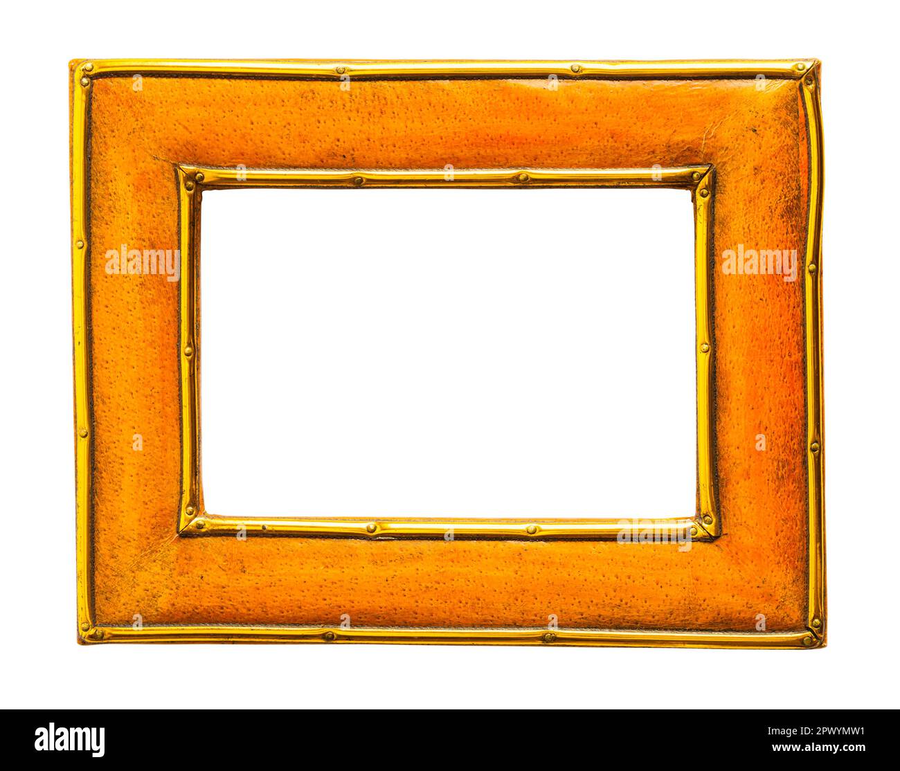 Wide Wood Rectangle Frame with Metal Trim Cut Out on White Stock Photo
