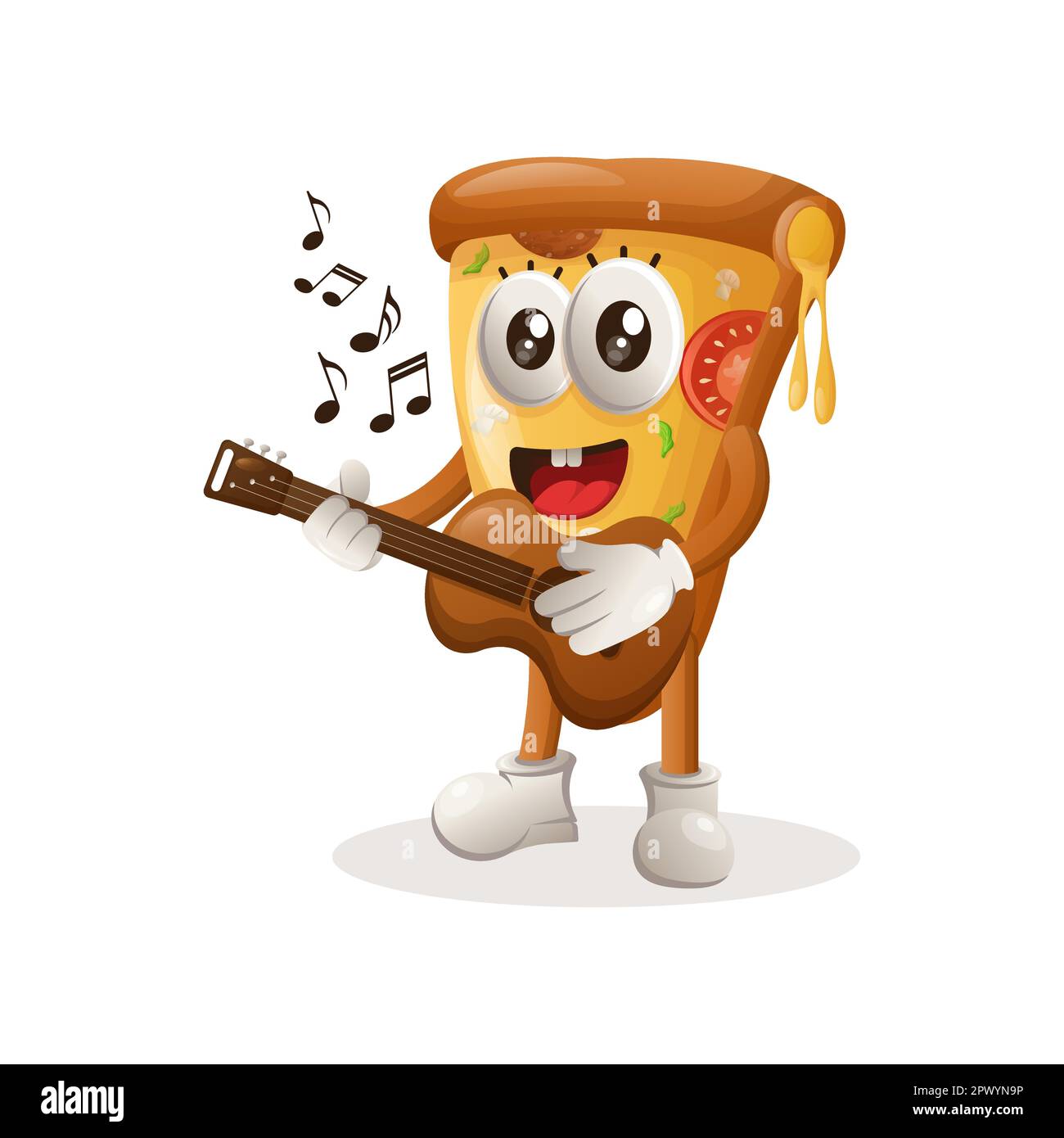 Cute pizza mascot playing guitar. Perfect for food store, small business or e-Commerce, merchandise and sticker, banner promotion, food review blog or Stock Vector