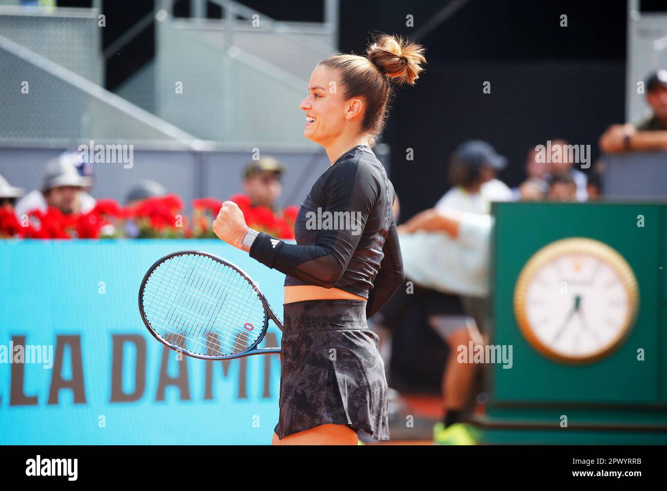 Madrid, Spain. 1st May, 2023. Maria Sakkari (GRE) Tennis : Maria Sakkari celebrate after the point during singles round of 16 match against Paula Badosa on the WTA 1000 tournaments Mutua Madrid Open tennis tournament at the Caja Magica in Madrid, Spain . Credit: Mutsu Kawamori/AFLO/Alamy Live News Stock Photo