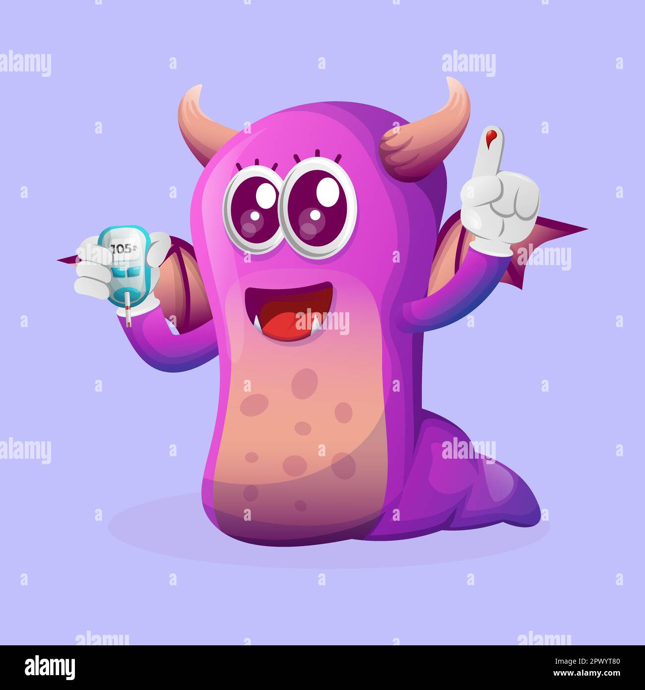 Cute purple monster holding a blood glucose meter. Perfect for kids, small business or e-Commerce, merchandise and sticker, banner promotion, blog or Stock Vector