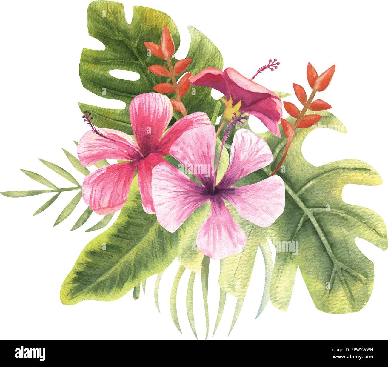 Bouquet of tropical flowers and leaves in watercolor. Vector ...