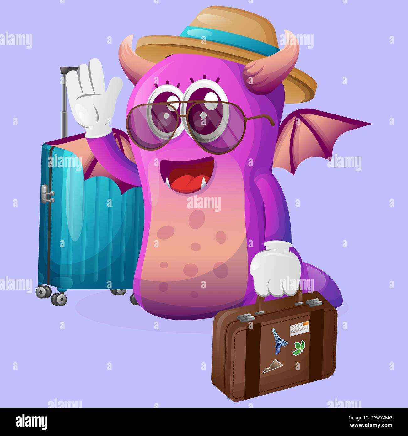 Cute purple monster on vacation carrying a suitcase. Perfect for kids, small business or e-Commerce, merchandise and sticker, banner promotion, blog o Stock Vector