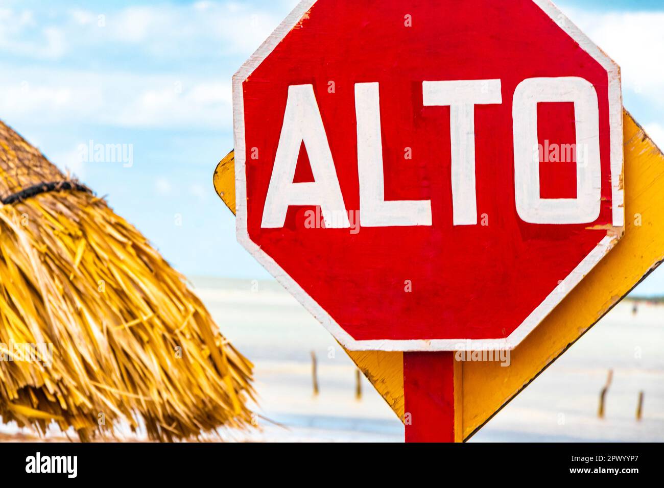 Traffic signs and road signs directional on Isla Holbox island in Quintana Roo Mexico. Stock Photo