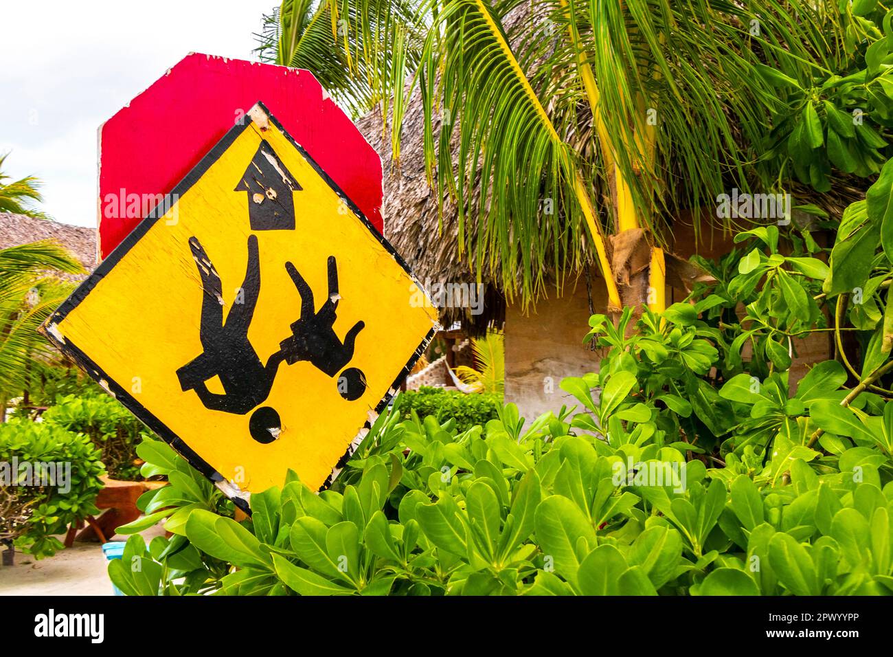 Traffic signs and road signs directional on Isla Holbox island in Quintana Roo Mexico. Stock Photo