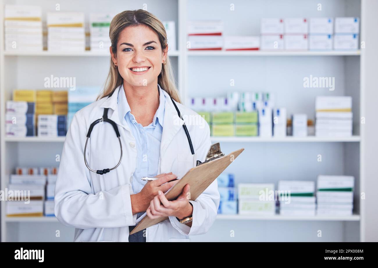 Doctor, pharmacy checklist and employee portrait in pharmaceutical