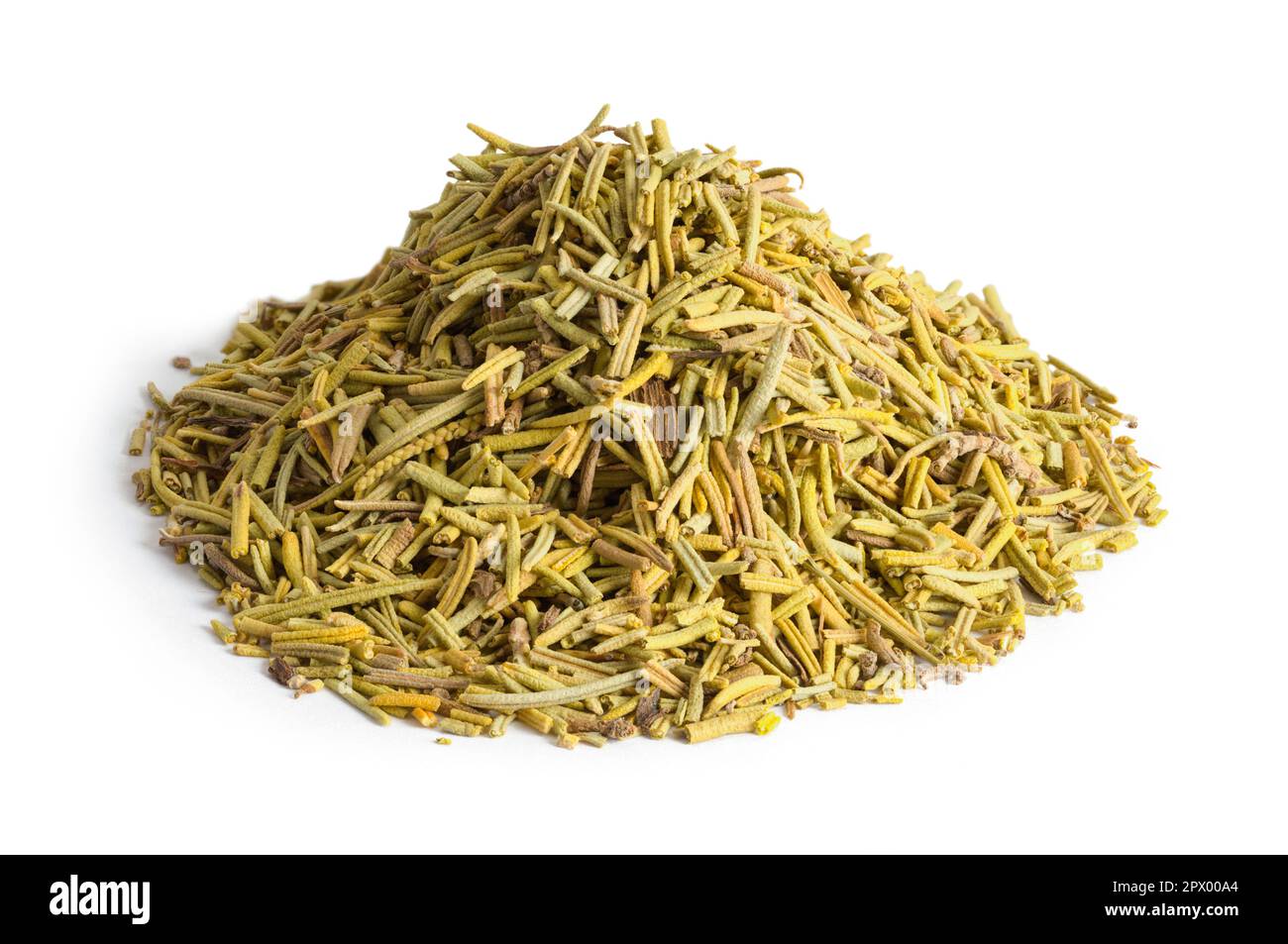 Heap of Dried Rosemary Leaves Spice Background. Stock Photo