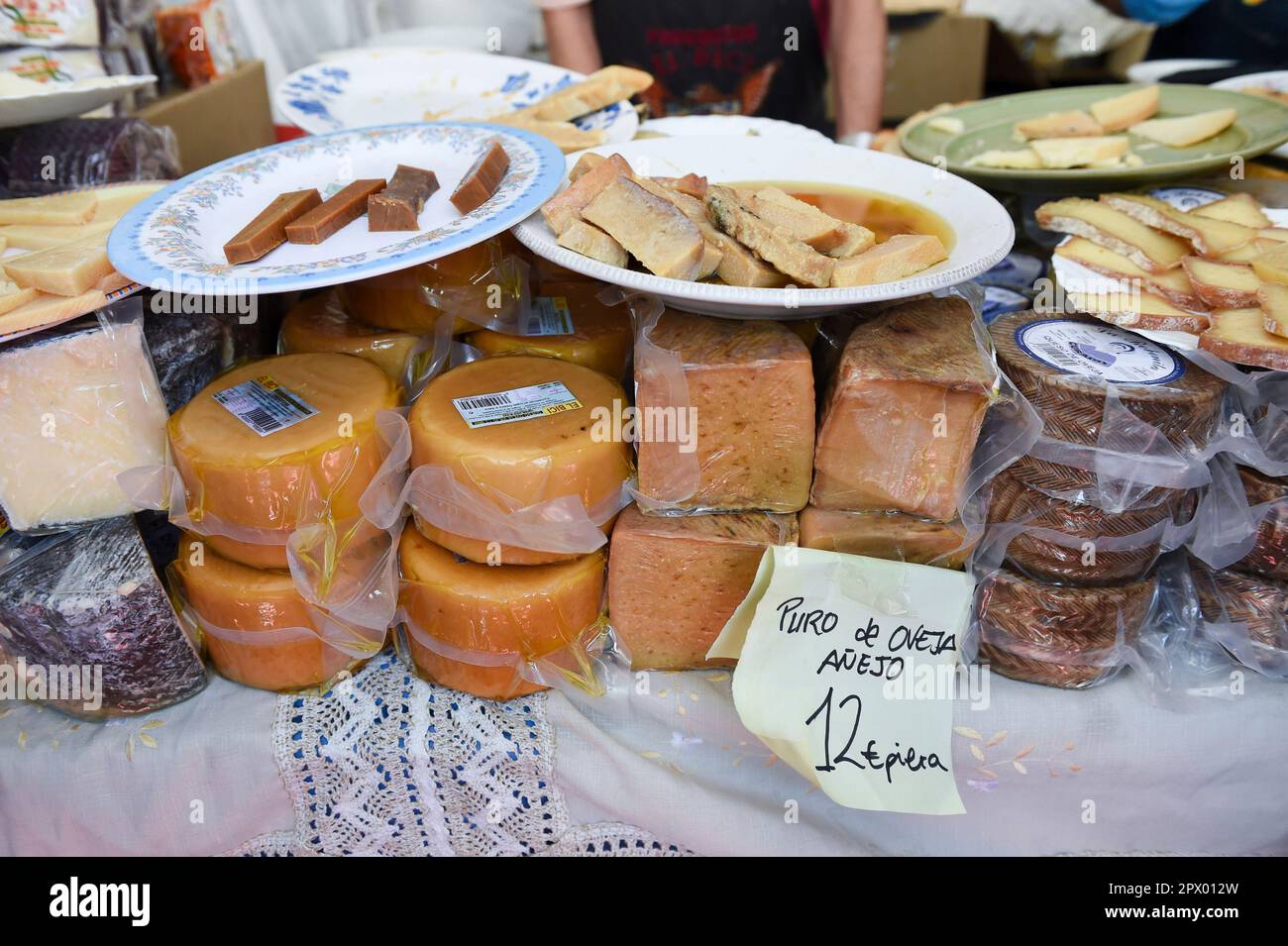 A cheese stand during the XXXVI Trujillo National Cheese Fair at the Plaza Mayor, on May 1, 2023