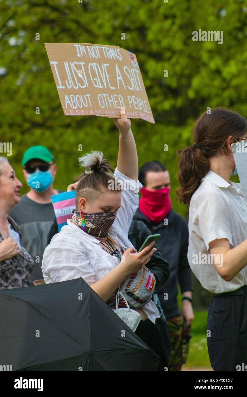 London, United Kingdom - April 30th 2023: Posie Parker (Kellie-Jay Keen-Minshull) speaks to fellow activists at the Let Women Speak event in Hyde Park. Stock Photo