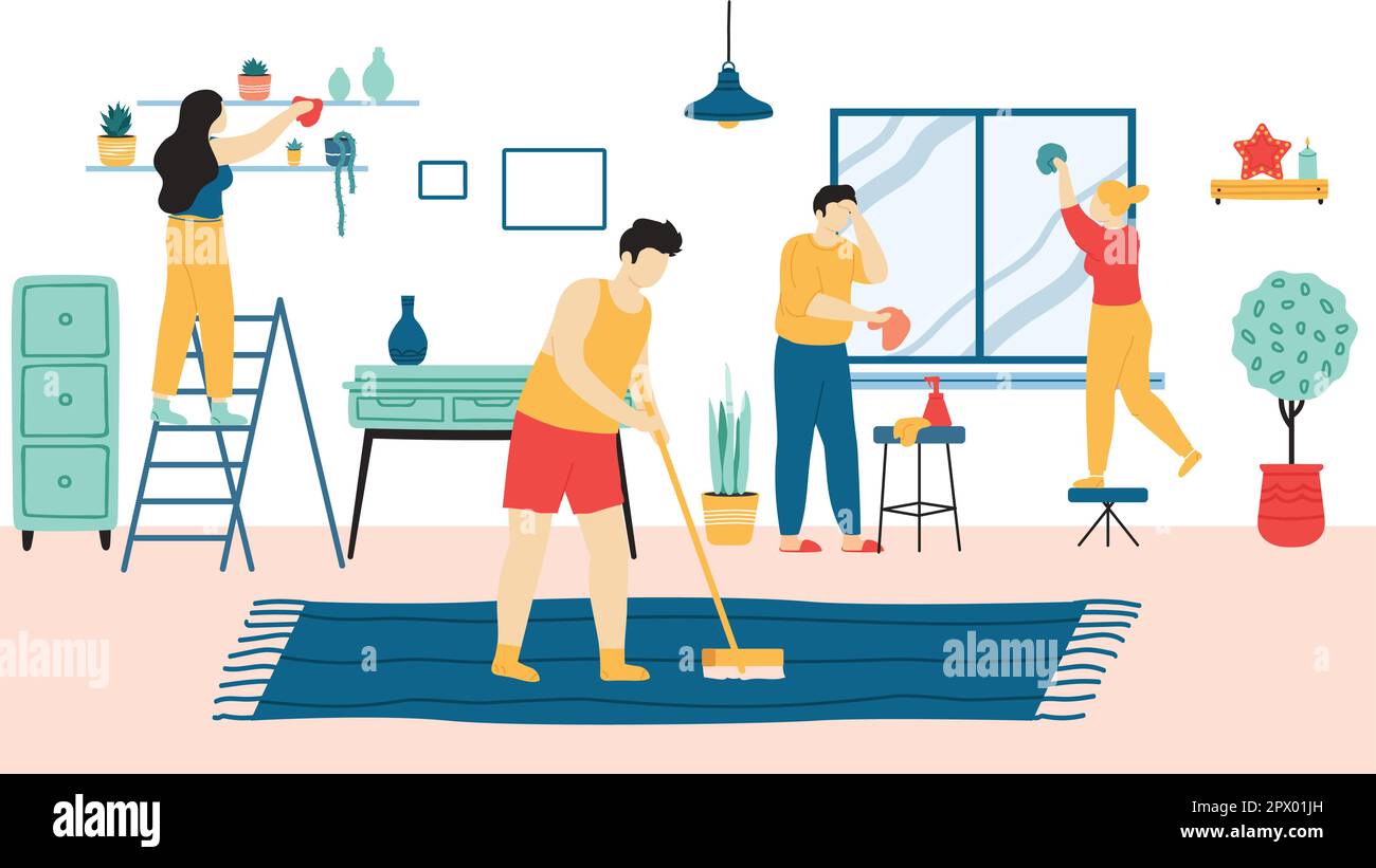 People do home cleaning. Family doing houseclean, man sweeping carpet