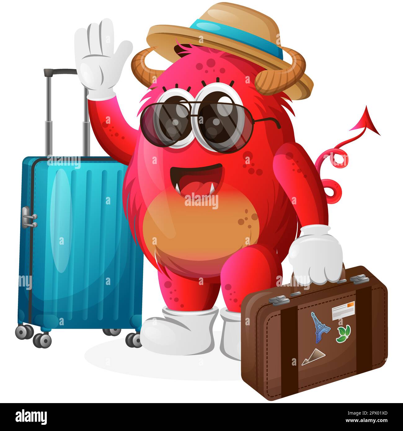 Cute red monster on vacation carrying a suitcase. Perfect for kids, small business or e-Commerce, merchandise and sticker, banner promotion, blog or v Stock Vector